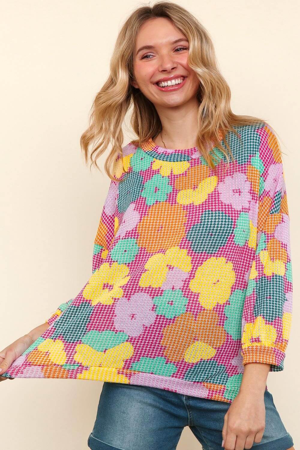 Happy Daze Top by Haptics, featuring a vibrant floral print on a cozy waffle knit, perfect for late summer.