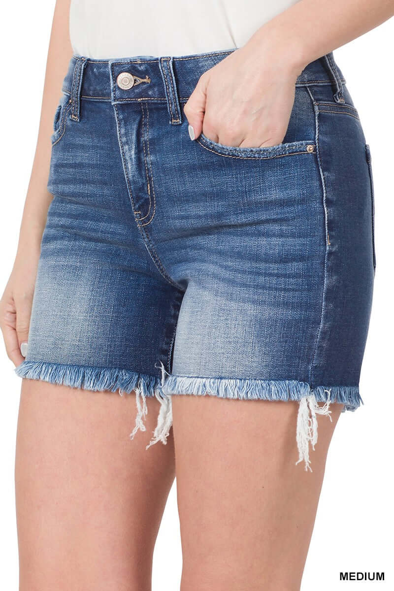 Endless Weekend Shorts by Zenana, medium wash denim, frayed hem, stylish mid-rise fit, ideal for summer wear.