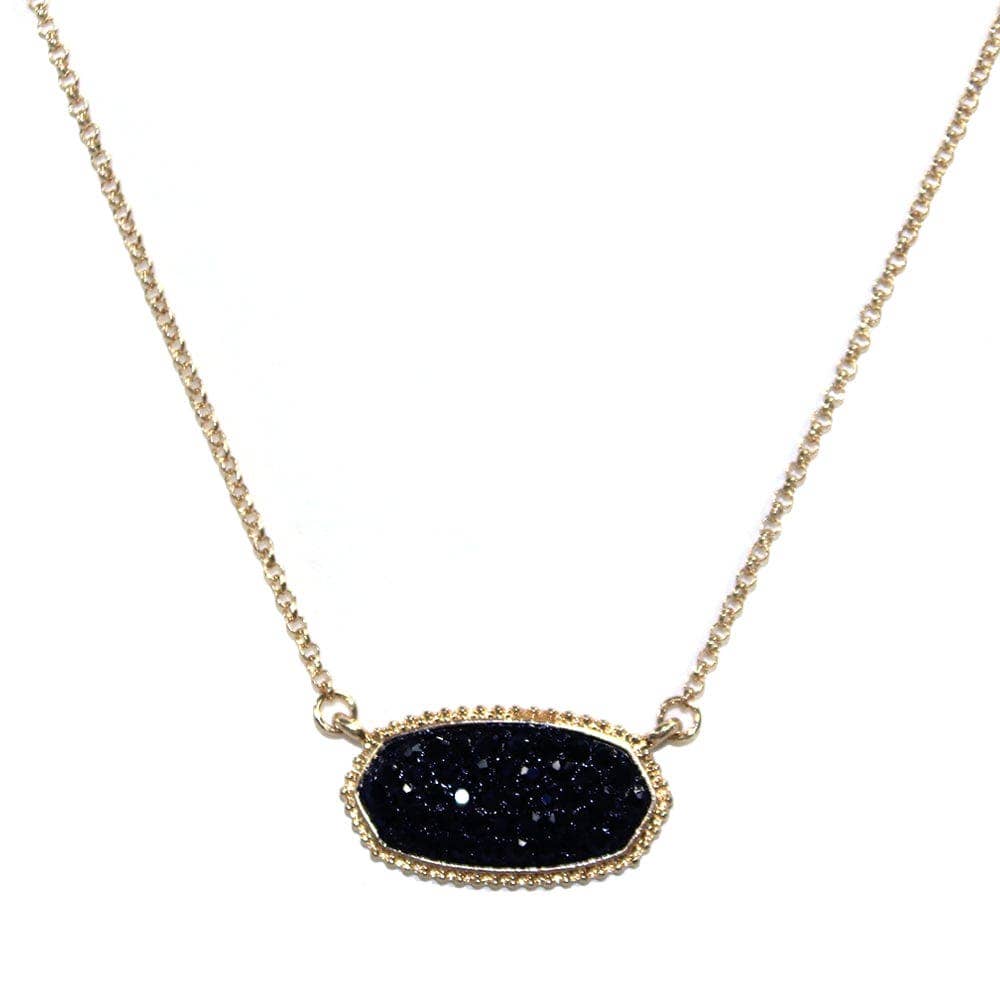 Druzy oval pendant necklace with black stone and gold chain, perfect for elegant and casual styles.