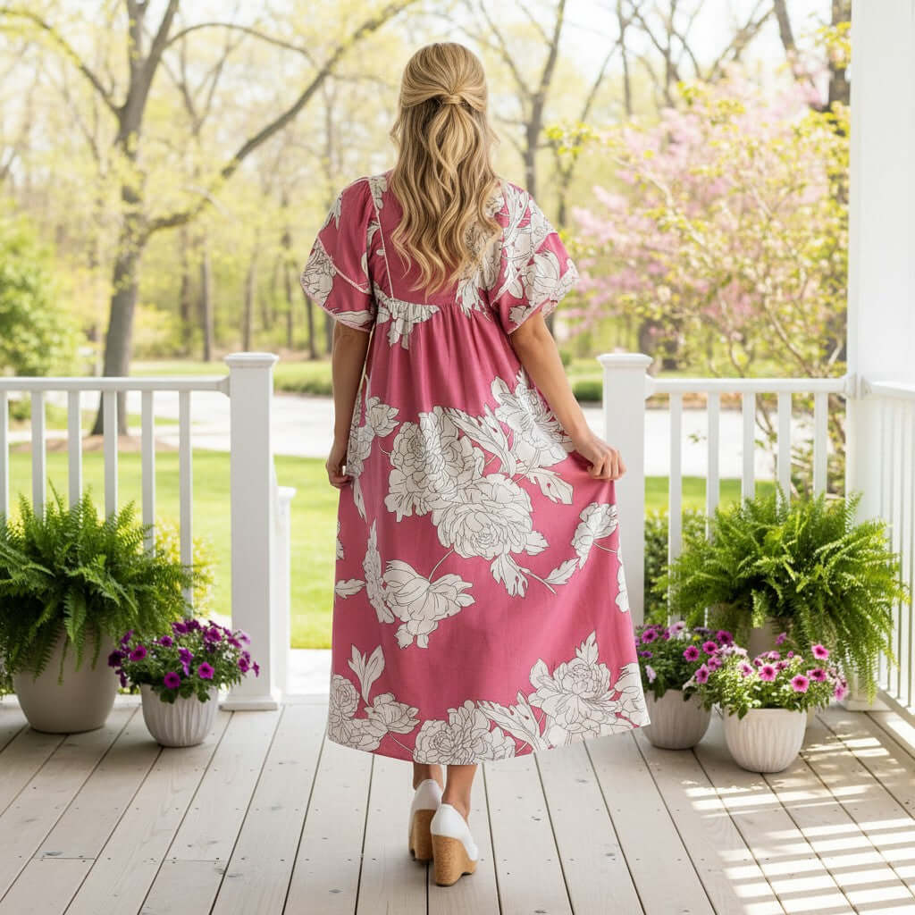 JUST BREATHE MAXI DRESS (pink) - Gigio, showcasing a floral design, perfect for relaxed, airy dressing in soft pink.
