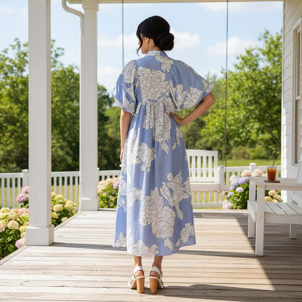 JUST BREATHE MAXI DRESS (misty blue) - Gigio showcased outdoors, highlighting its floral design and flowing silhouette.