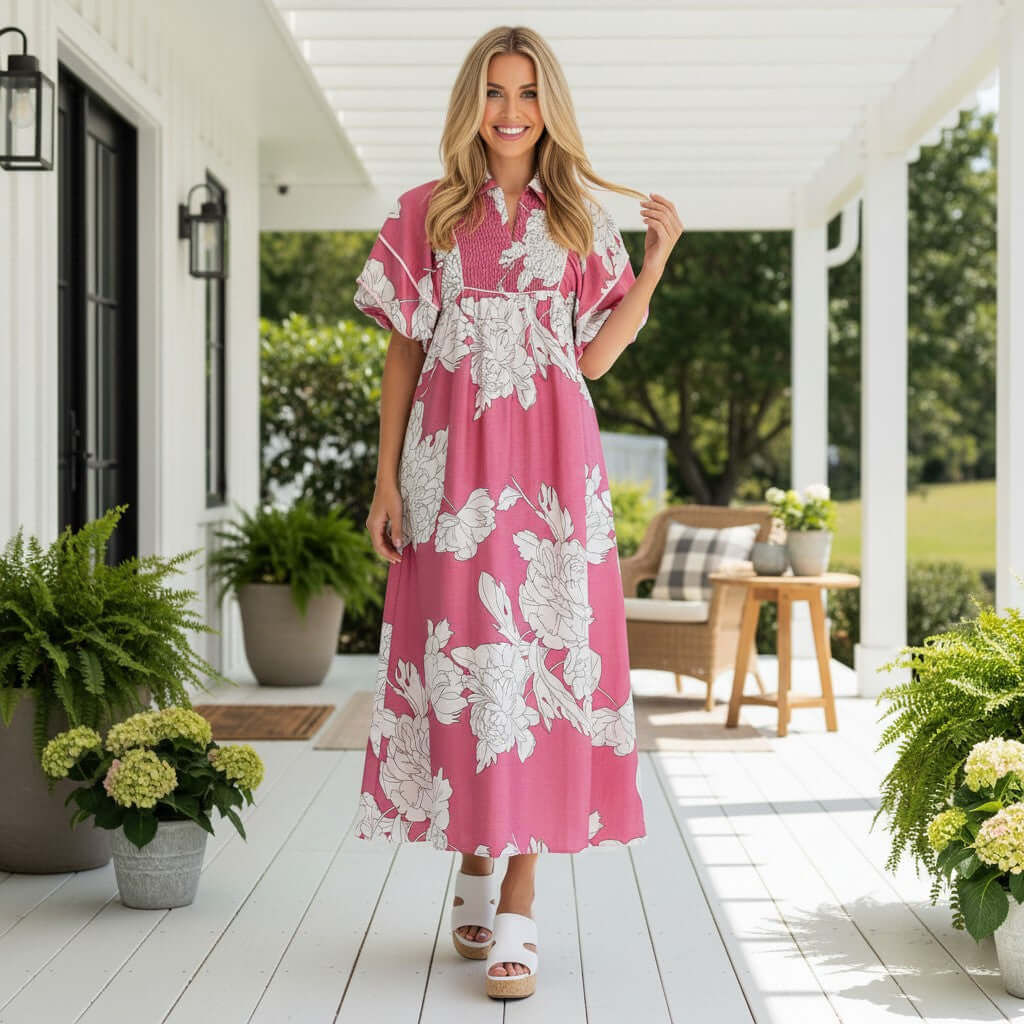 Model wearing JUST BREATHE MAXI DRESS (pink) - Gigio, showcasing floral print in a bright outdoor setting.