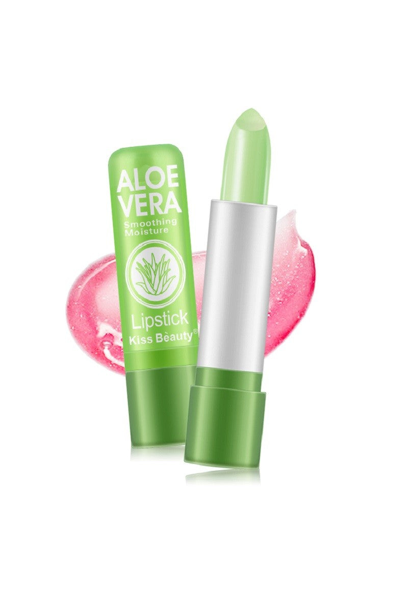 ALOE LUXE LIP GLOW by Kiss Beauty with a soft pink background, showcasing radiant, hydrated lips.