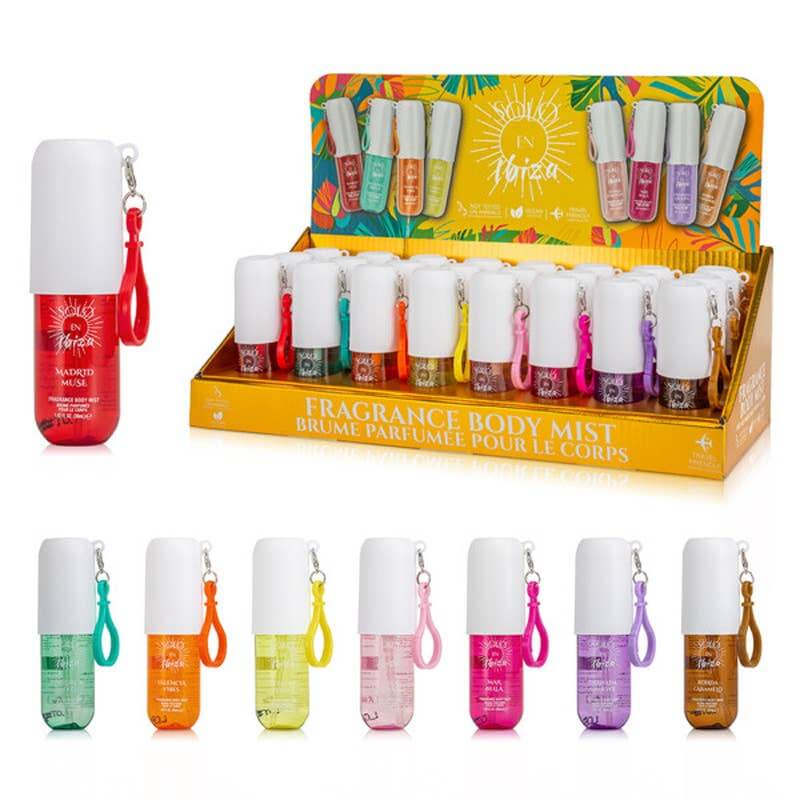 PERFUME POP - by Solo En Ibiza (8 scent choices) selection of portable body mist sprays displayed in vibrant colors.