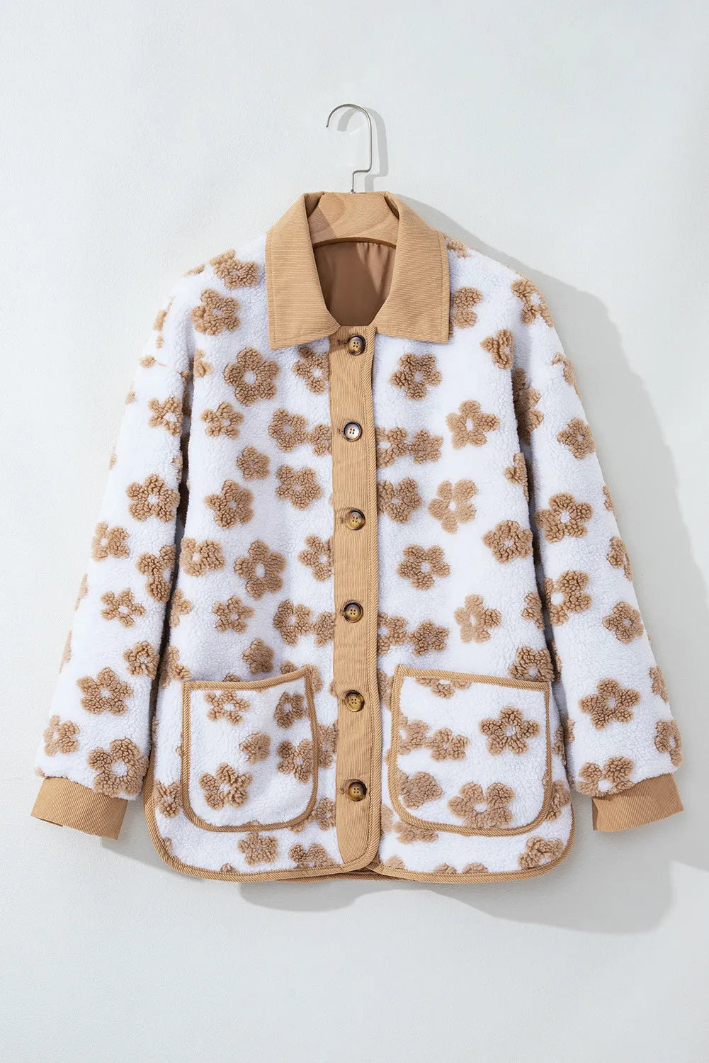 HONEY BLOSSOM SHERPA JACKET with a cute flower pattern in light French beige, featuring a button-up design.