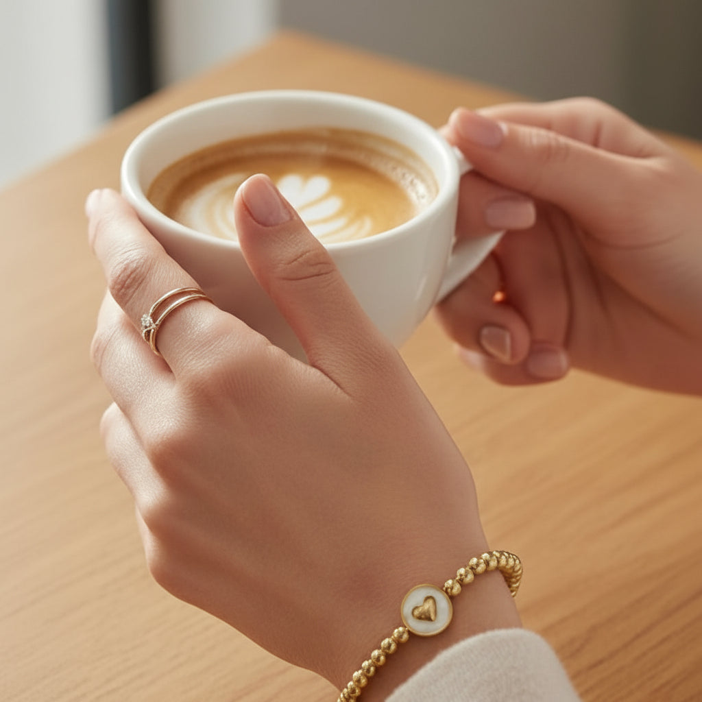 Woman holding a cup of coffee while wearing a LUXE LAYERING HEART SIGN BRACELET on her wrist.