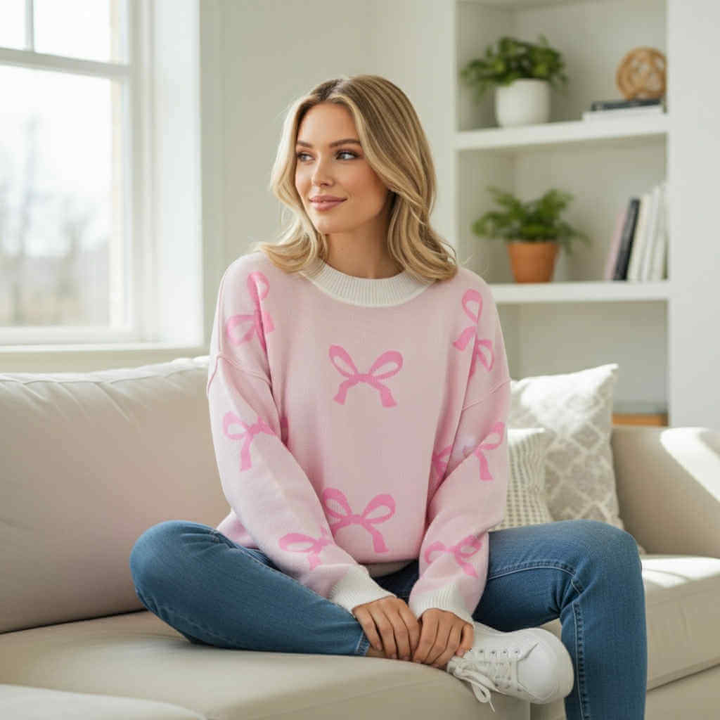 KNOT OVER YOU SWEATER featuring a playful pink bow print, ribbed trim, and a relaxed fit, perfect for cozy holiday wear.