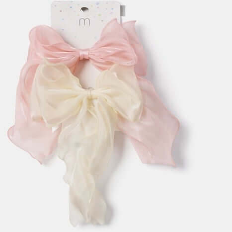 PRETTY PAIR ORGANZA HAIR BOW SET featuring pink and ivory sheer organza bows for elegant hairstyles.
