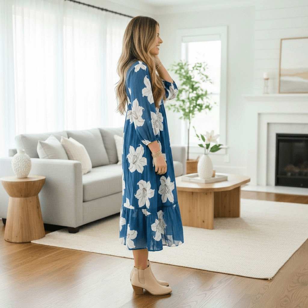 BAYSHORE BEAUTY DRESS showcased on a model in a floral design, perfect for casual or elegant events.