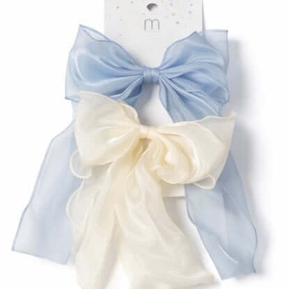PRETTY PAIR ORGANZA HAIR BOW SET featuring blue and ivory sheer organza bows with flowing tails and elegant design.