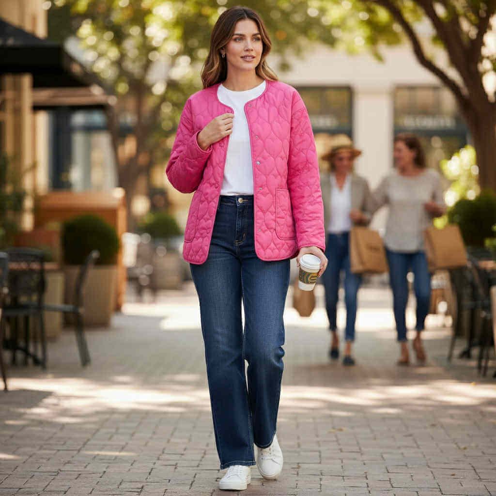 A woman wearing a SWEET TEMPO GUILTED JACKET in hot pink, walking outdoors with friends.