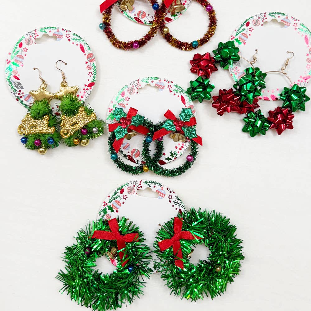 Christmas Theme Dangle Earring Set featuring assorted festive styles including wreaths, festive bows, and more.