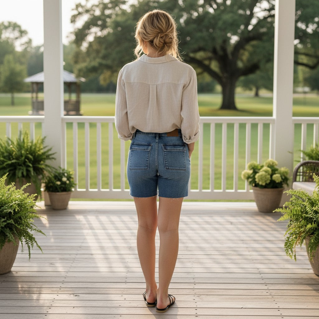 Woman wearing JUDY BLUE MIDRISE DAKOTA SHORTS from the back on a porch surrounded by greenery.