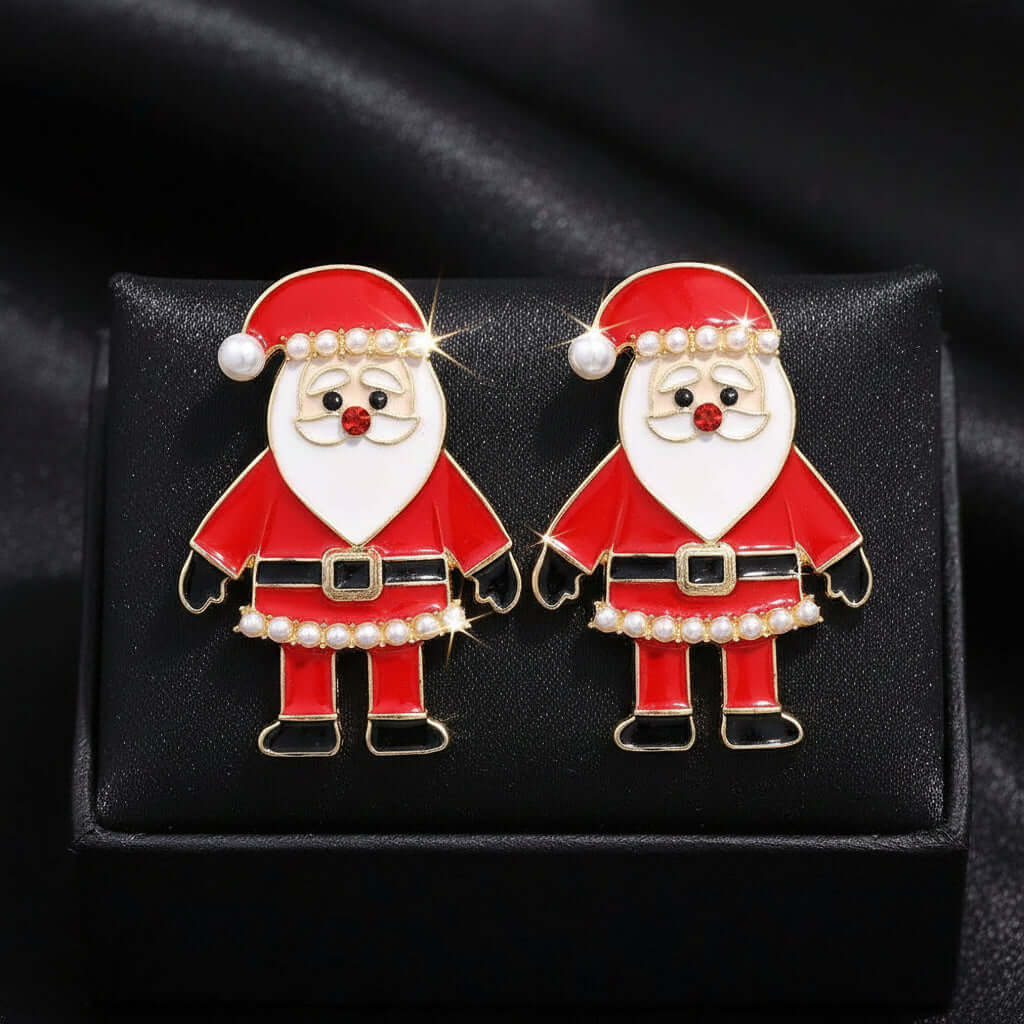 CHRISTMAS WITH CLAUS EARRINGS featuring jolly Santa designs with enamel and pearl accents, perfect for holiday celebrations.