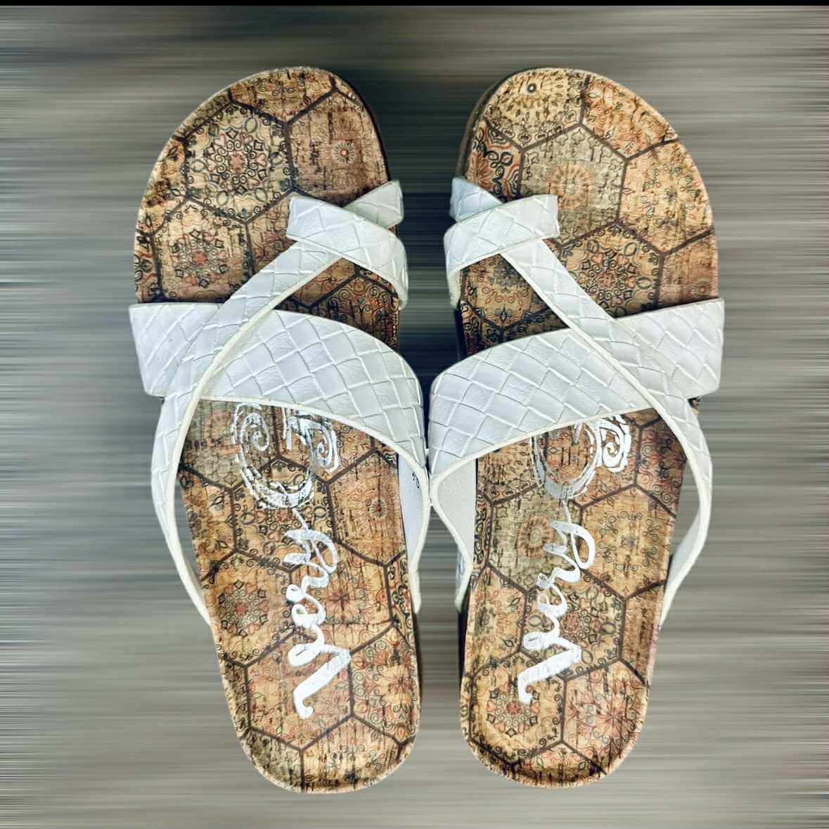 Better Be Me Sandals by Very G, ivory woven toe loop slides with stylish crisscross straps and textured insole.