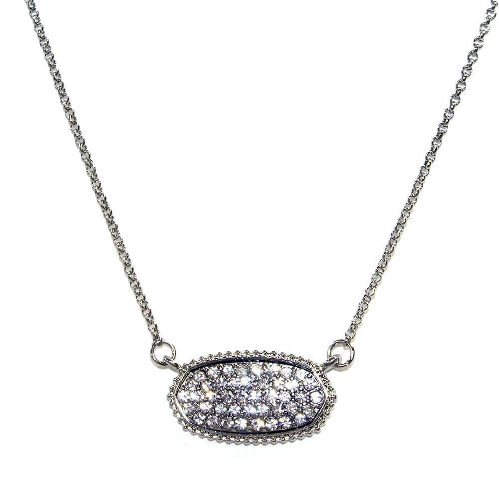 Druzy oval pendant necklace featuring a shimmering stone, perfect for elegant occasions, in a silver-tone chain design.