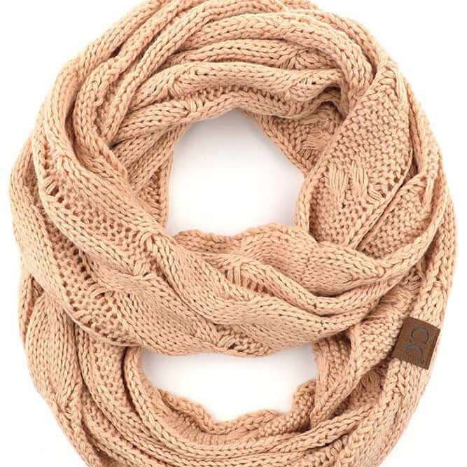 C.C Story Book Knitted Scarf in Sand color, cozy cable knit infinity scarf, soft 100% acrylic fabric.