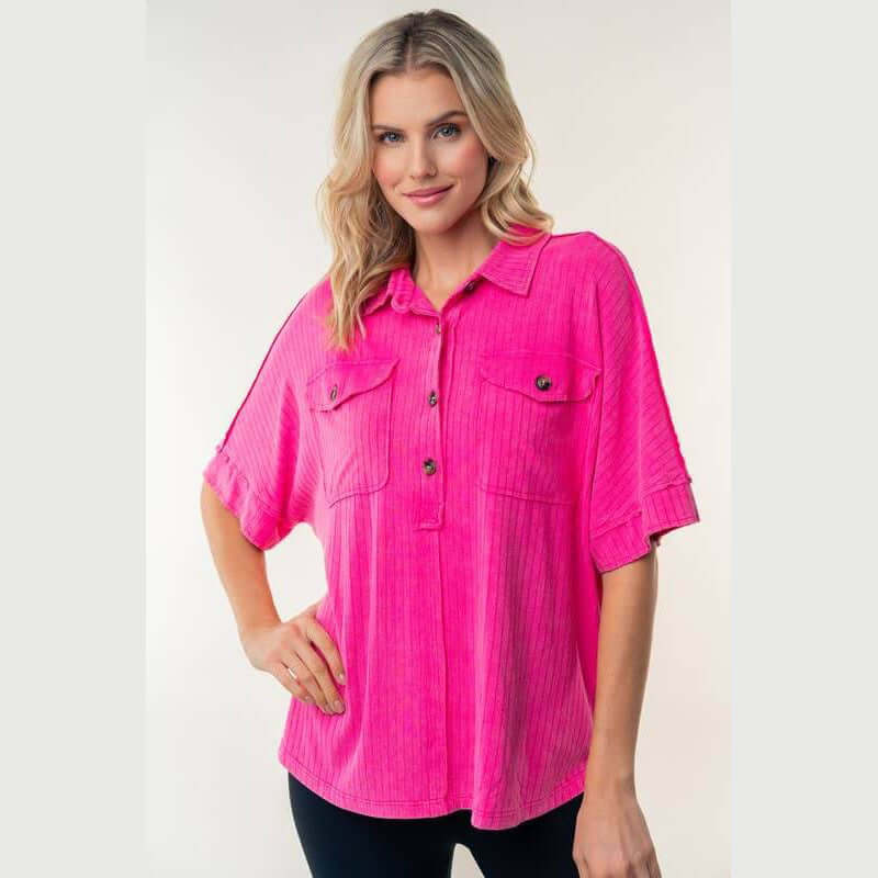 Bright pink Downtown Breeze Top with half sleeves and flap pockets, perfect for casual outings.