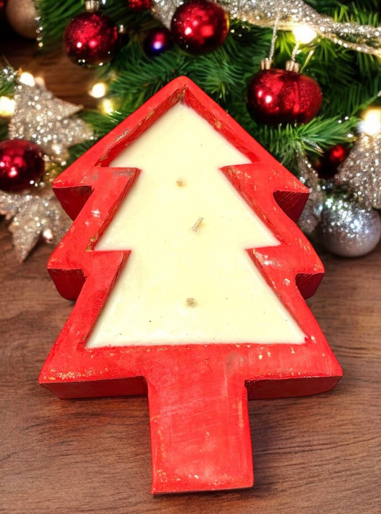 Handmade Christmas Tree Dough Bowl Candle in red, three wicks, soy wax, scented, 7" x 12", festive holiday decor.