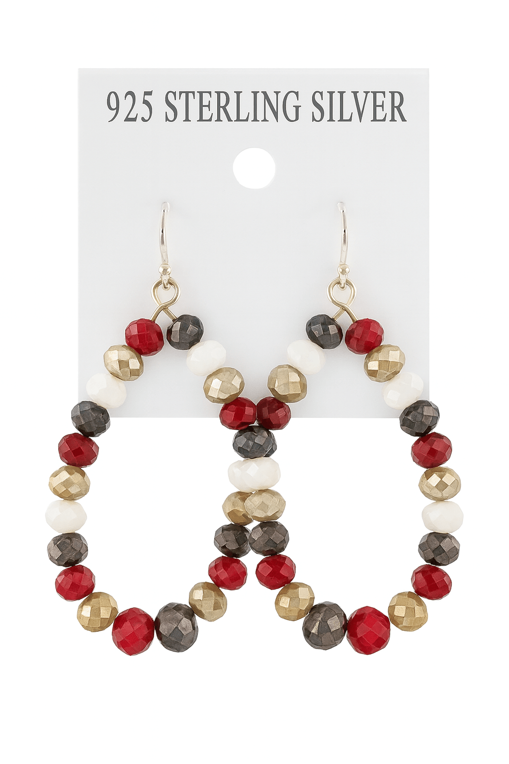 Gold, red, black, and white beaded teardrop earrings on a 925 sterling silver card, perfect for stylish accessories.