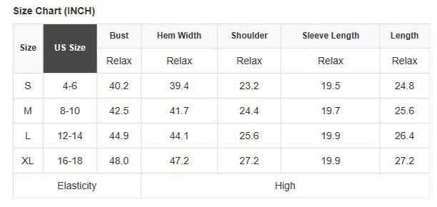 Size chart in inches for EARTHLINE ENERGY TOP including measurements for S, M, L, and XL.