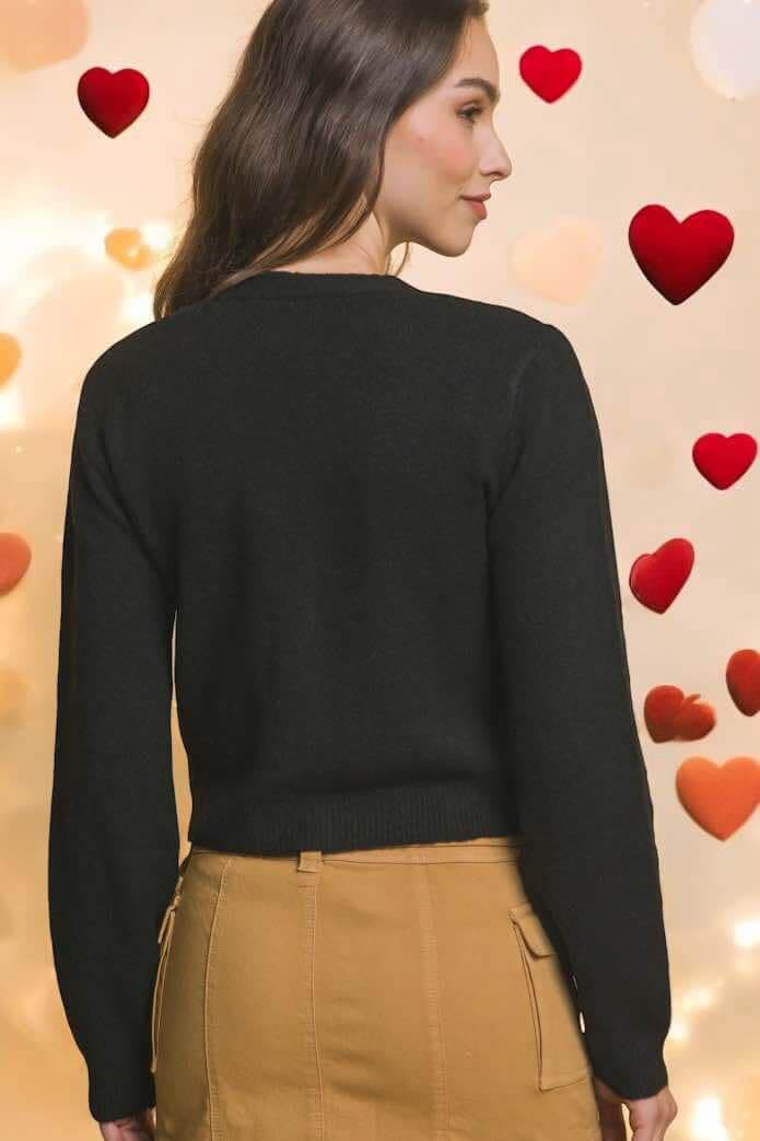 Back view of Love Tree Give You My Heart Sweater with red heart accents, part of the Soft and Plush Sweater Collection.