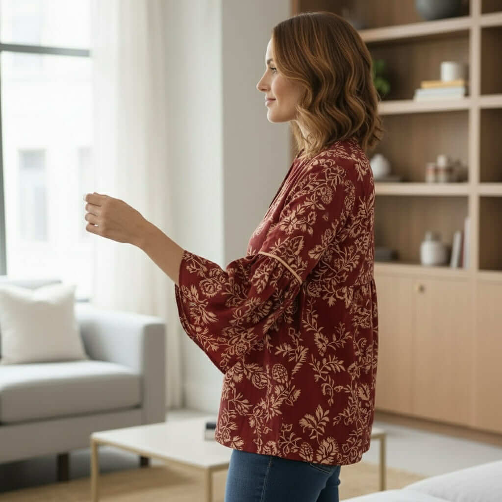 Woman wearing the TIMELESS CHARM - Umgee (burgundy) top with floral pattern and 3/4 sleeves, in a stylish interior.