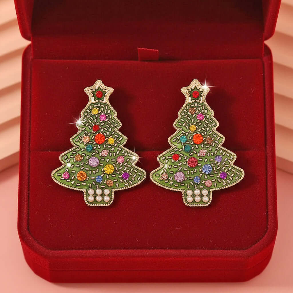 OH SPARKLE TREE EARRINGS with colorful rhinestones and pearls in a festive Christmas tree design.