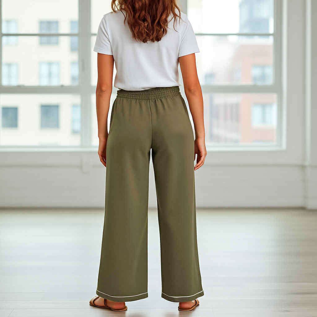 Back view of a woman wearing STARLIGHT STROLL PANTS UMGEE in dark olive, showcasing the wide leg and frayed star detail.