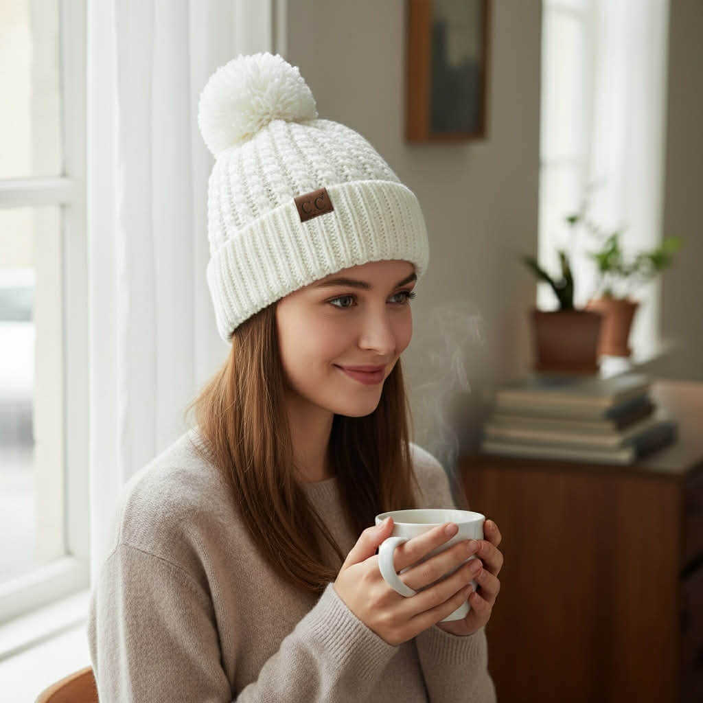 Woman wearing KNITTY GRITTY BEANIE by C.C. (cream) while holding a cup, cozy indoor setting.