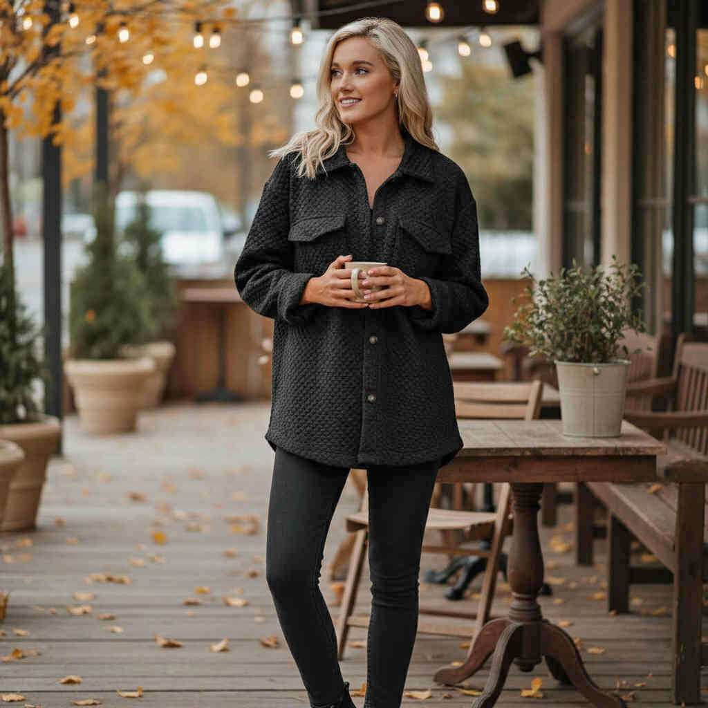 Model showcasing WARM IMPRESSIONS BUTTON DOWN shacket in black, perfect for cozy and stylish layering.