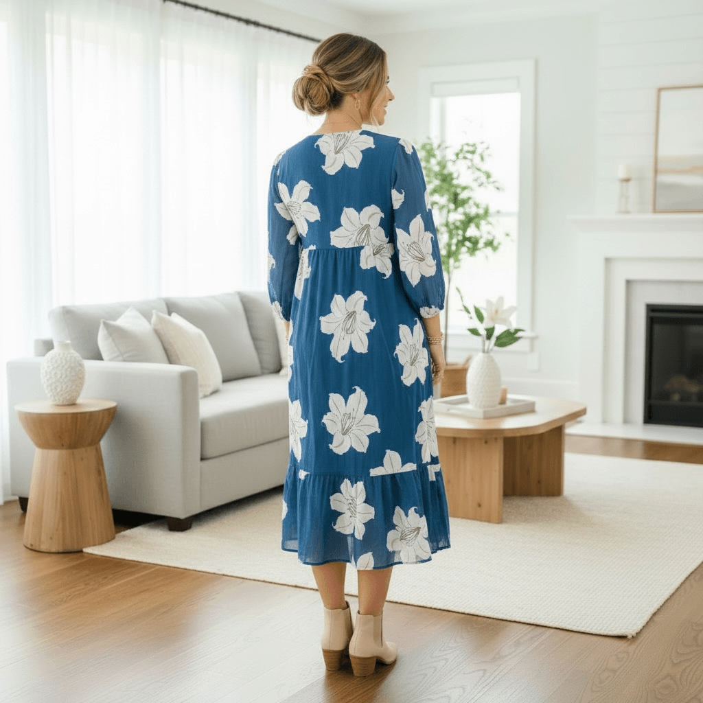 BAYSHORE BEAUTY DRESS worn in a bright living room with floral patterns and a cozy decor.
