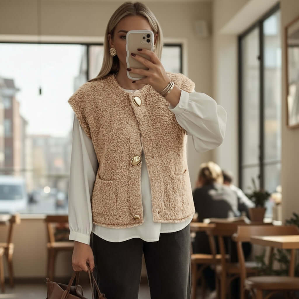 Woman wearing CLASSIC COMFORT SHERPA VEST in light French Beige with big buttons and pockets indoors.
