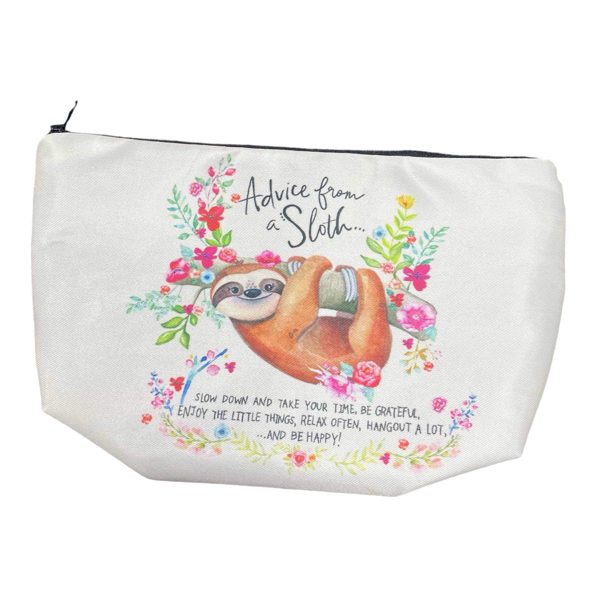 Adorable 'Advice from a Sloth' makeup bag with sloth design, flowers, and motivational quote, perfect for storing cosmetics.