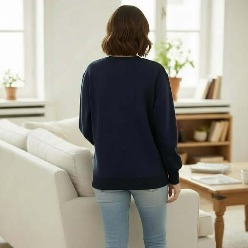 Back view of the SOFT TIES Crewneck Pullover By Skies Are Blue, showcasing its cozy design and stylish fit.