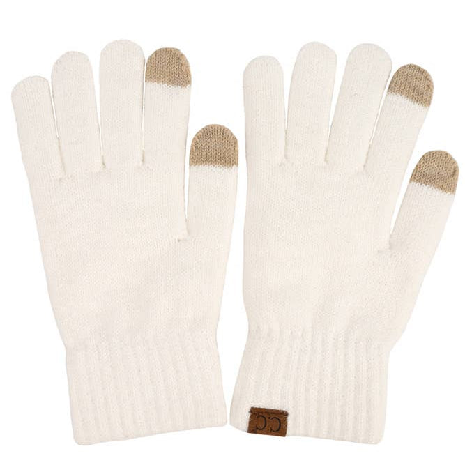 C.C. winter gloves in soft cream with knit texture, featuring touch screen fingertips and cozy design.