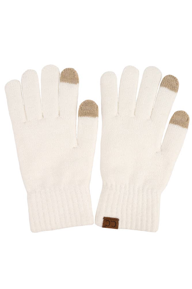 C.C. winter gloves in soft cream with knit texture, featuring touch screen fingertips and cozy design.