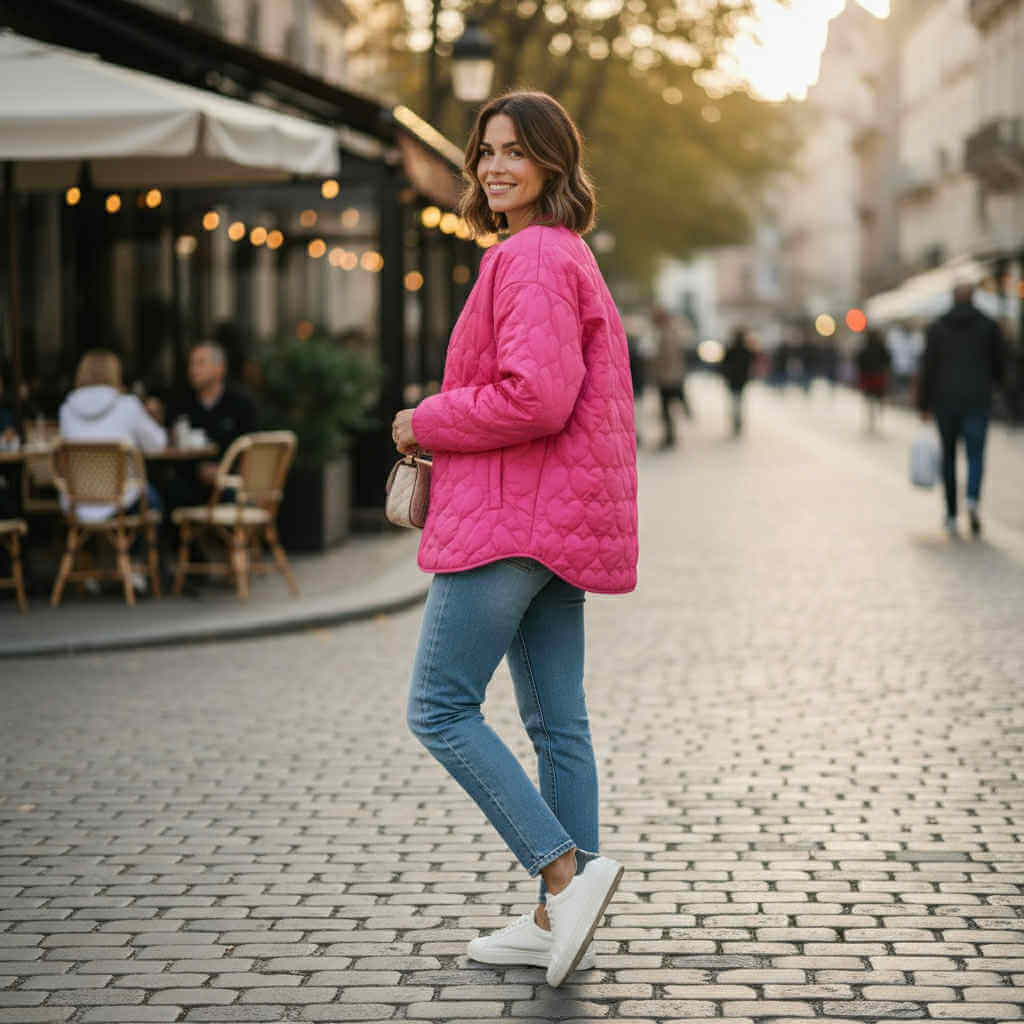 Woman smiling in a street wearing SWEET TEMPO GUILTED JACKET, a vibrant pink quilted puffer jacket with jeans.