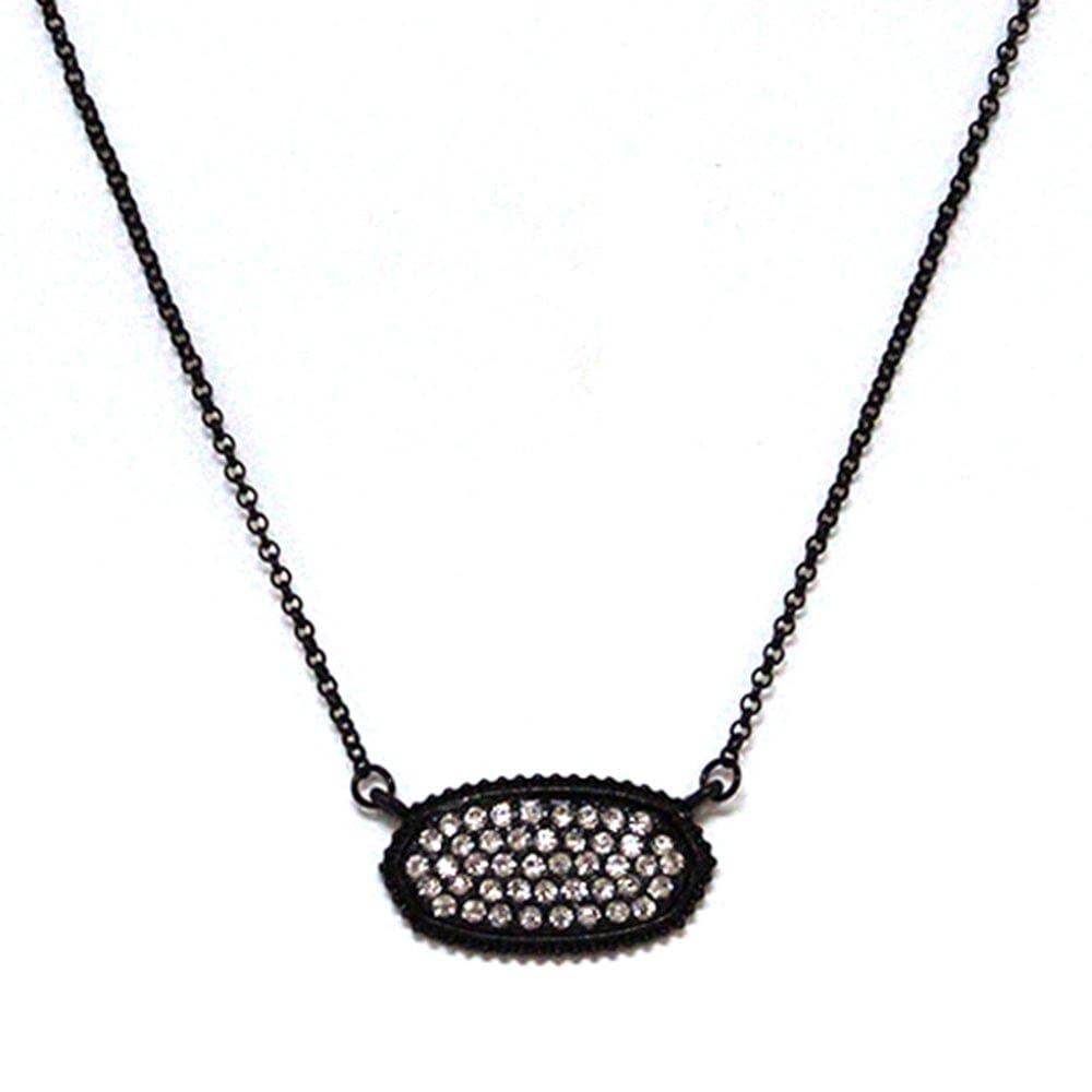 Elegant druzy oval pendant necklace with sparkling stones on a black chain.