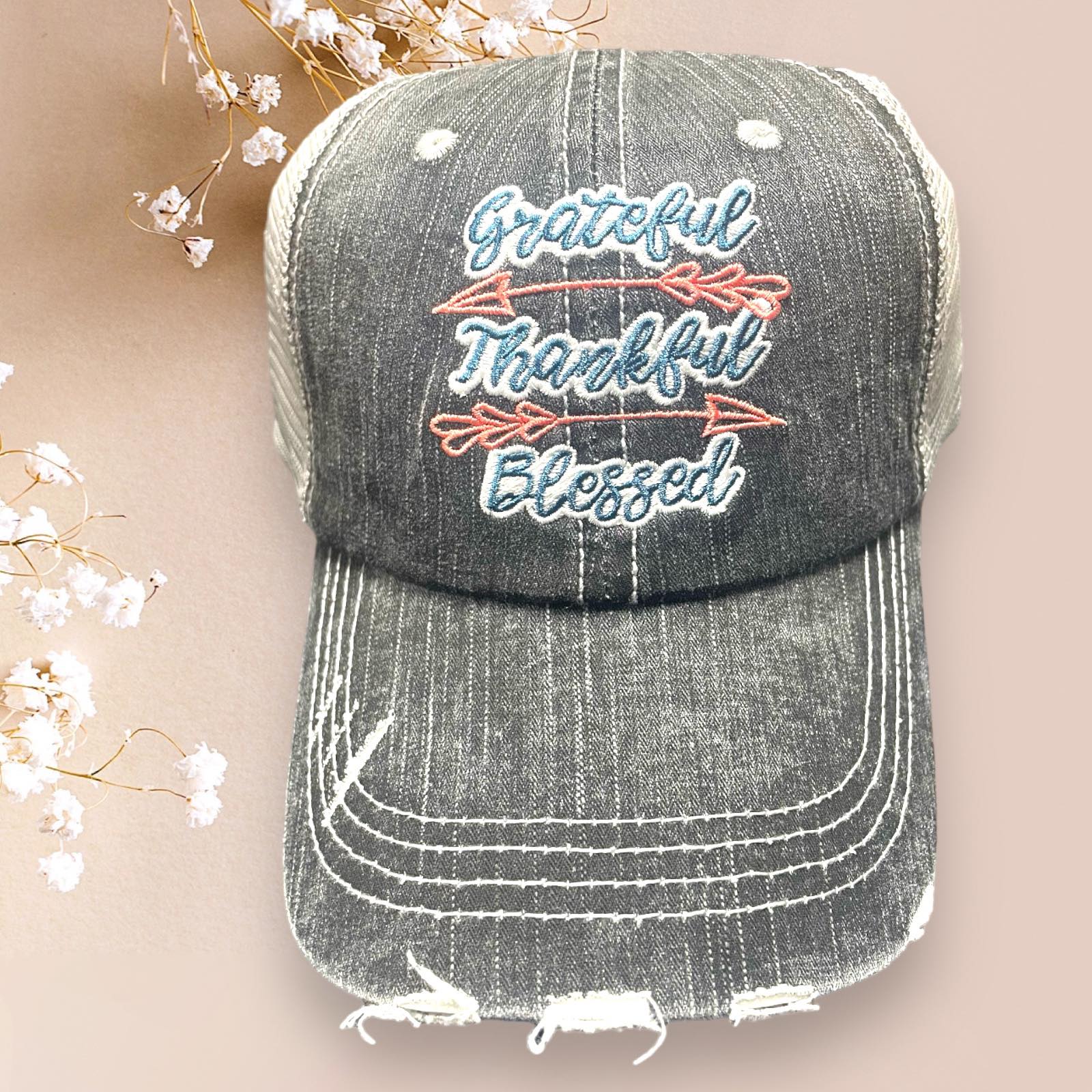 Distressed Katydid baseball cap featuring "Grateful, Thankful, Blessed" embroidery, perfect for retro style enthusiasts.