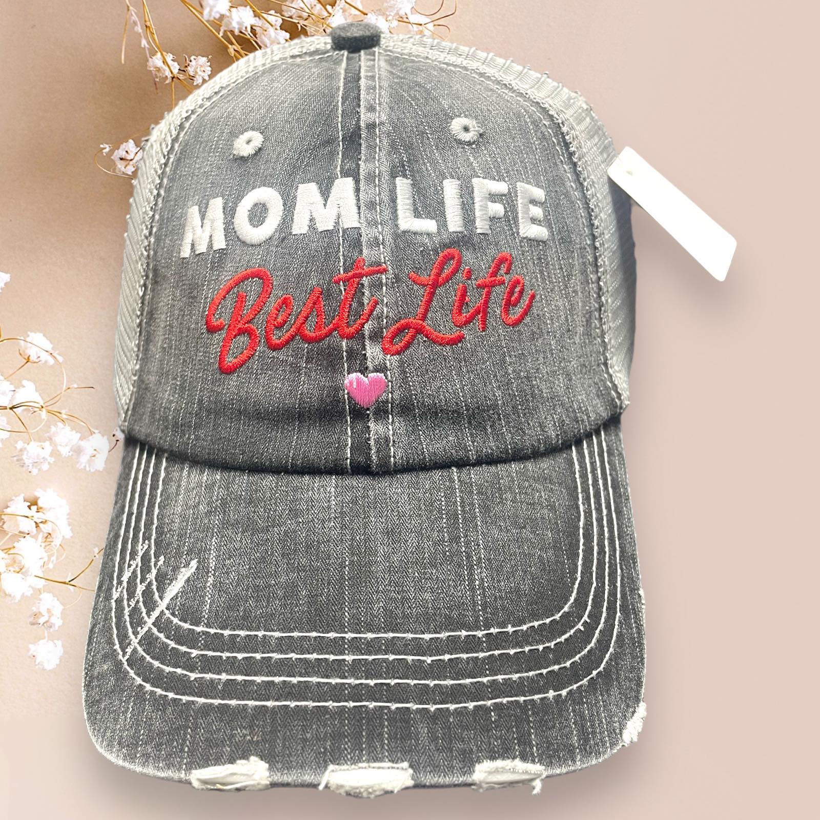 Distressed gray Katydid baseball cap with 'Mom Life Best Life' embroidery, perfect for stylish moms.