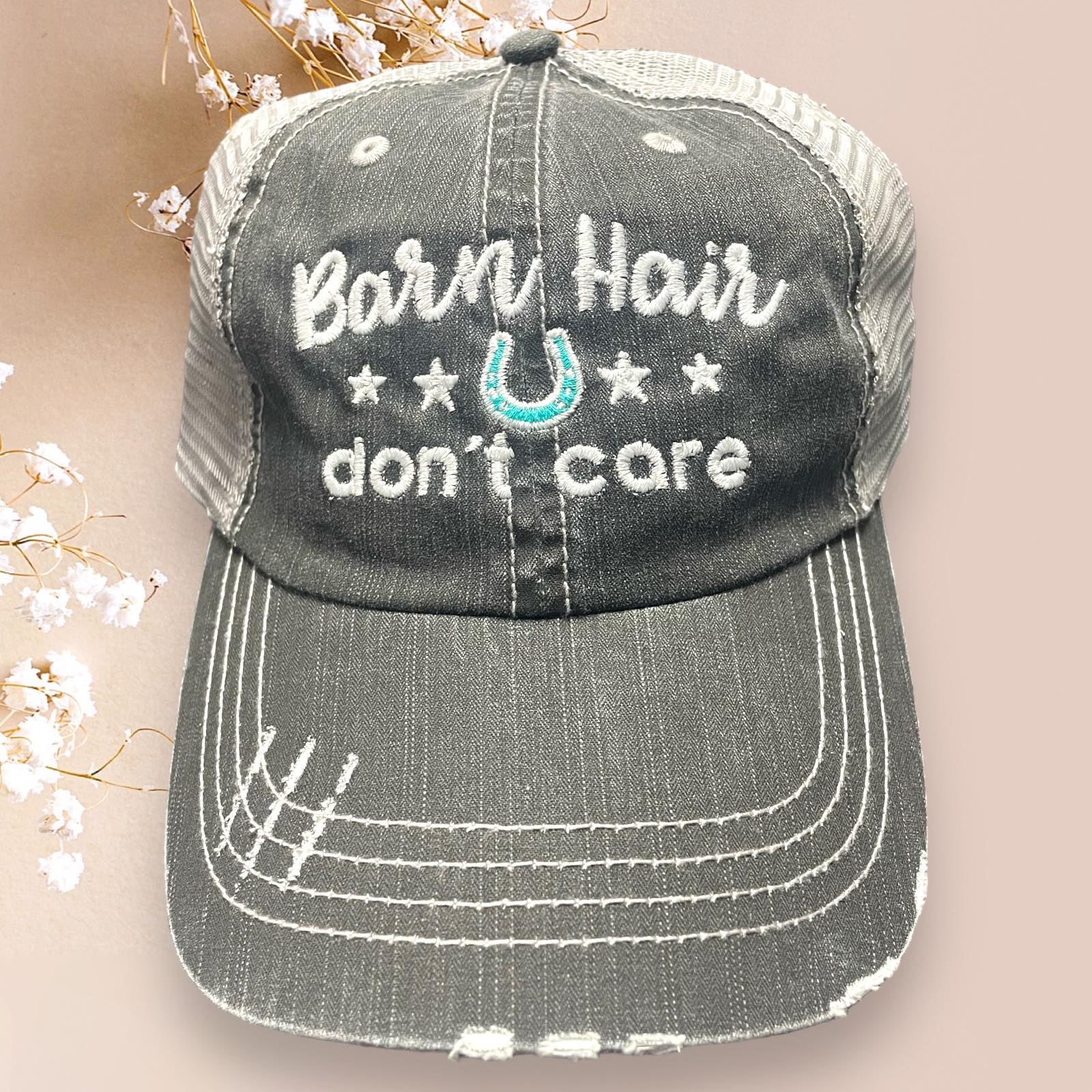Distressed Katydid baseball cap with 'Barn Hair don't care' slogan and horseshoe design, perfect for casual style.