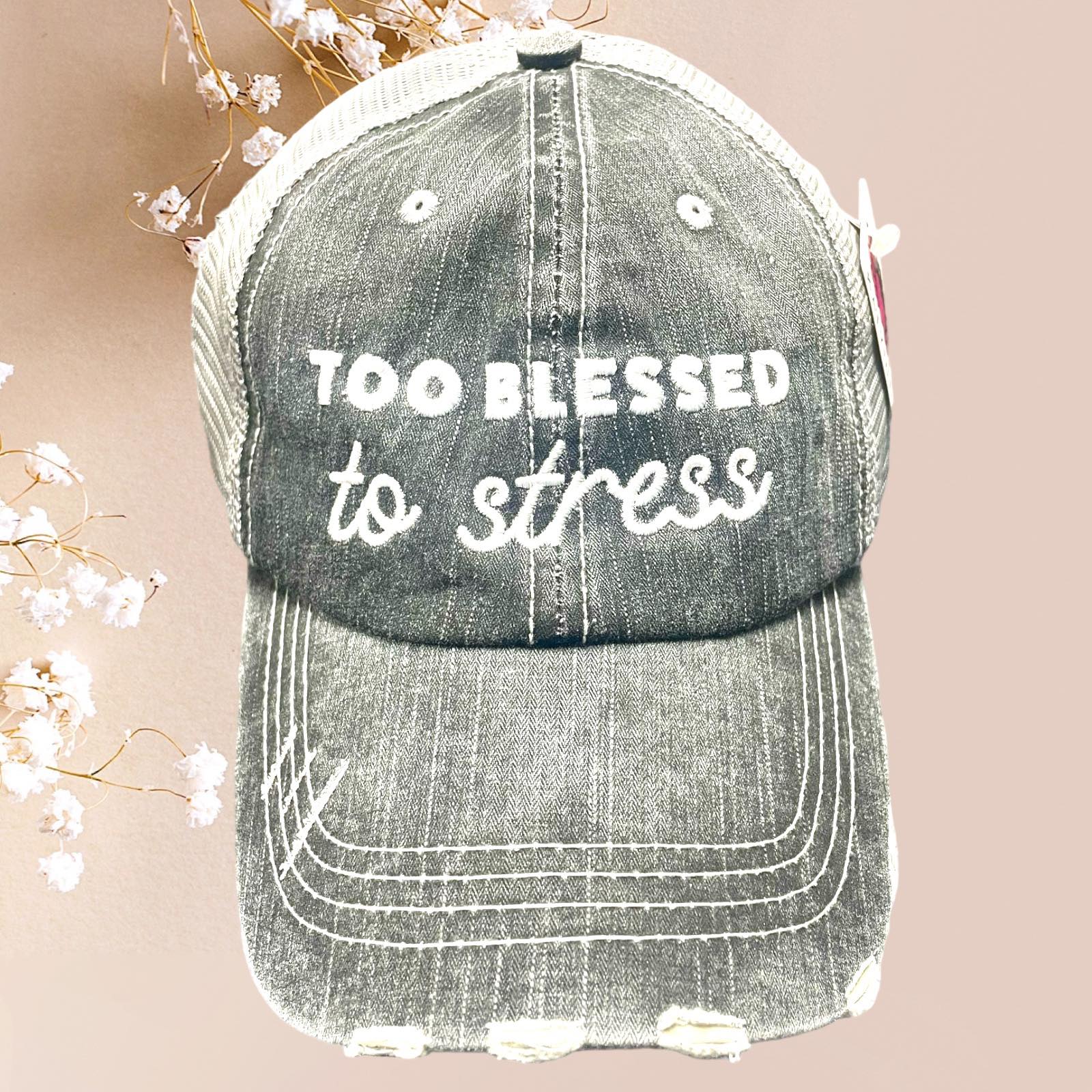 Distressed Katydid baseball cap with 'Too Blessed to Stress' slogan, perfect for casual wear and gifting.