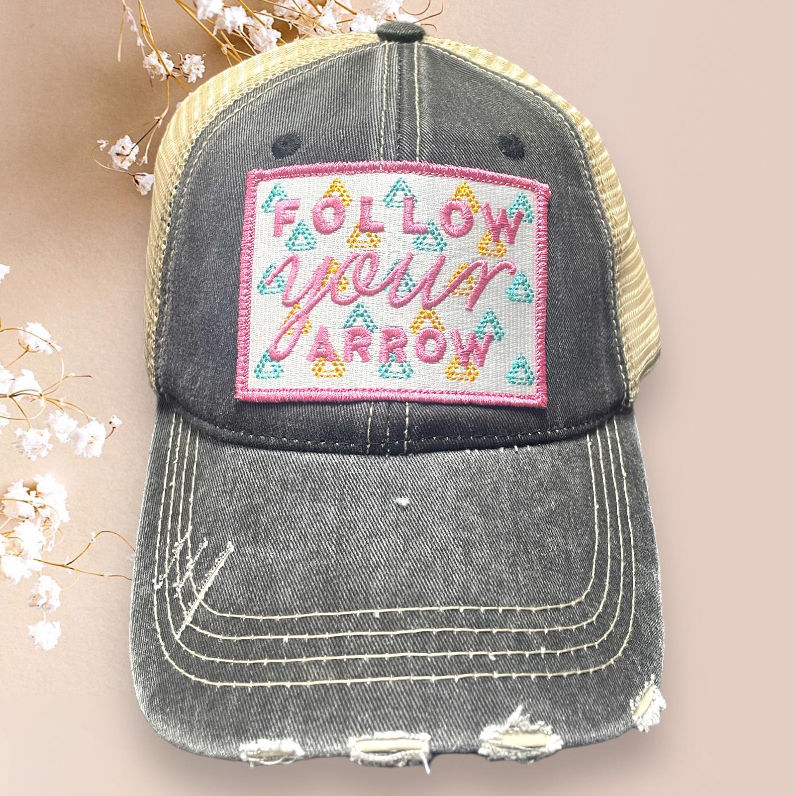 Distressed Katydid baseball cap with 'Follow Your Arrow' patch, perfect for trendy moms and friends.