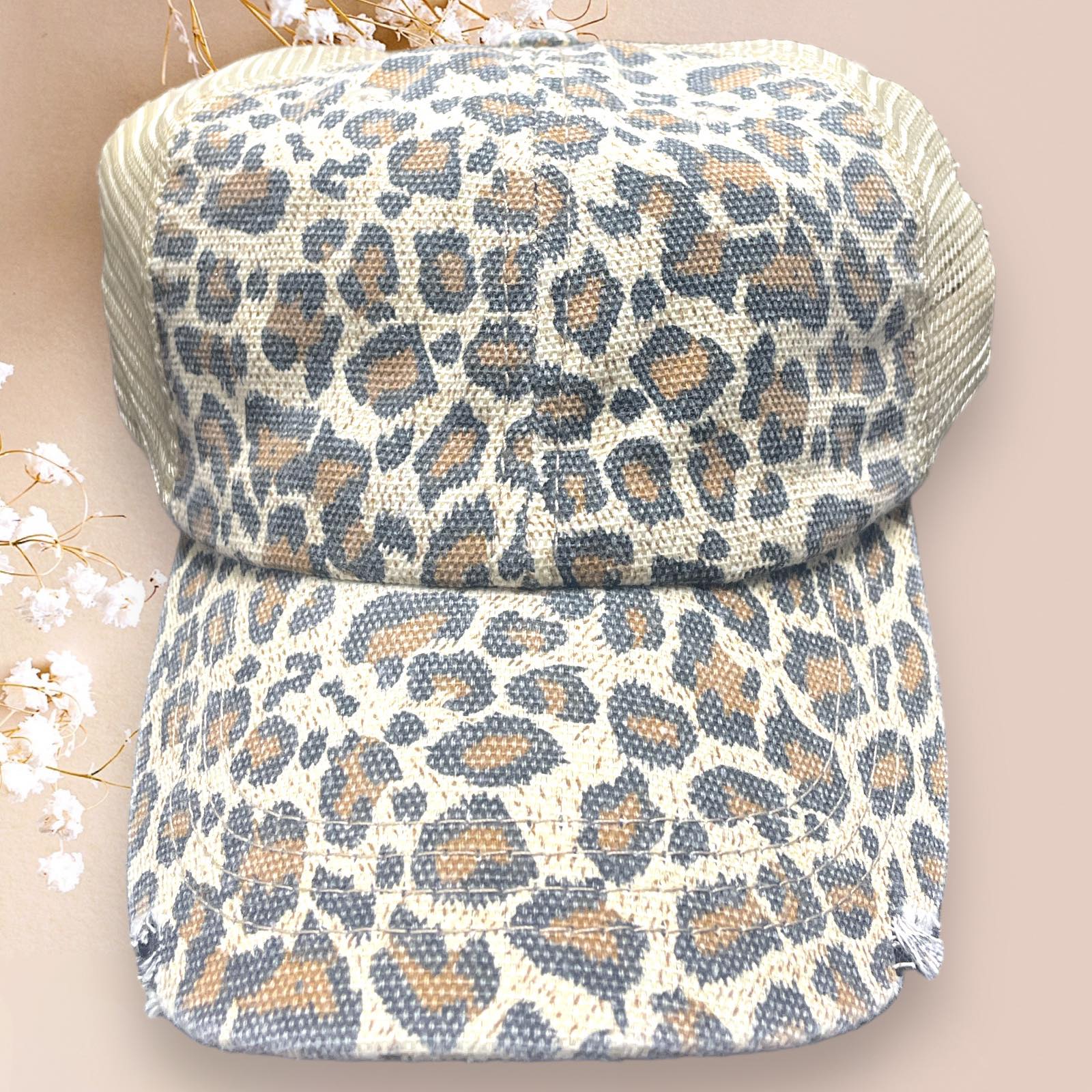 Distressed Katydid baseball cap with a leopard print design, perfect for stylish moms and friends.