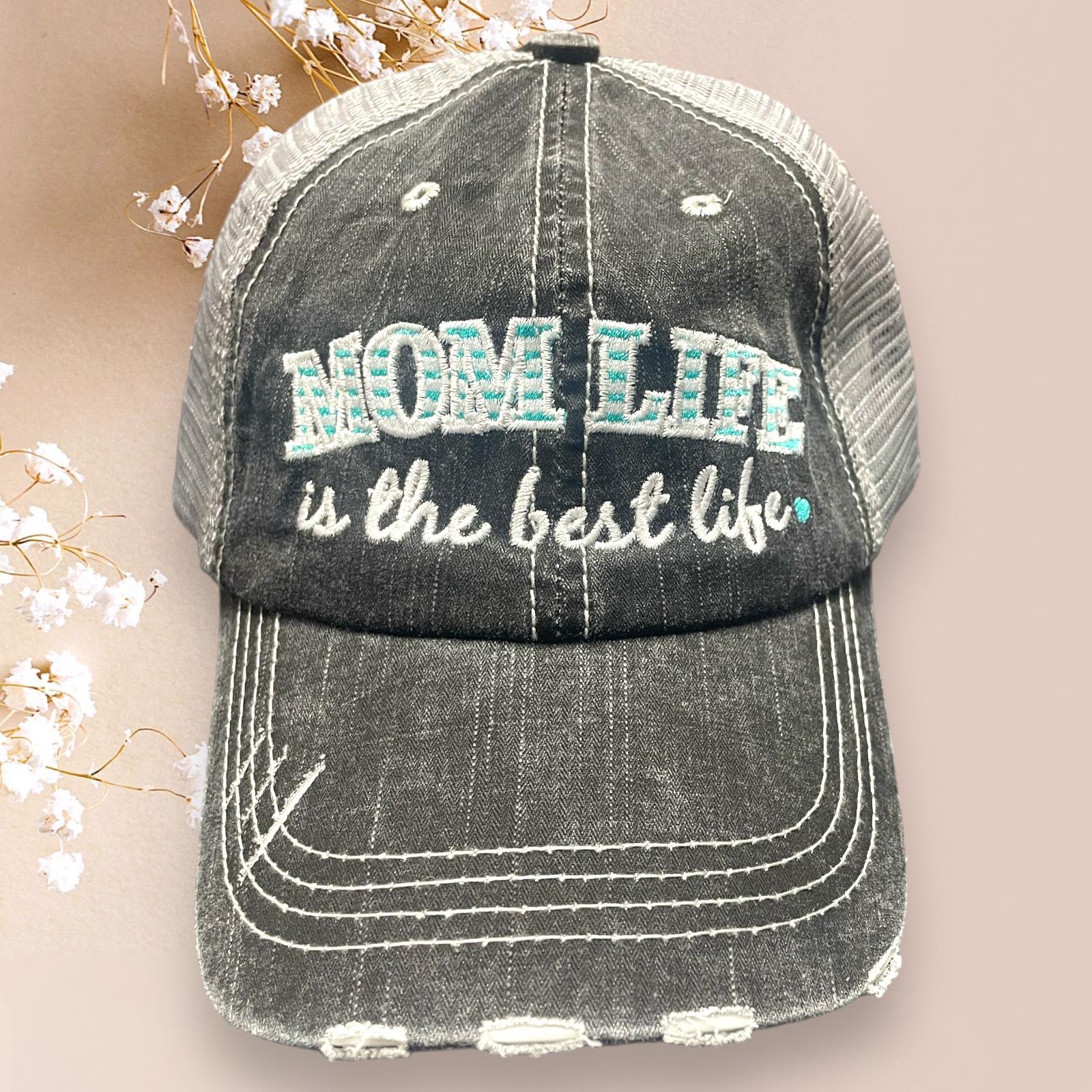 Distressed Katydid baseball cap featuring "Mom Life is the Best Life" design, perfect for trendy moms.