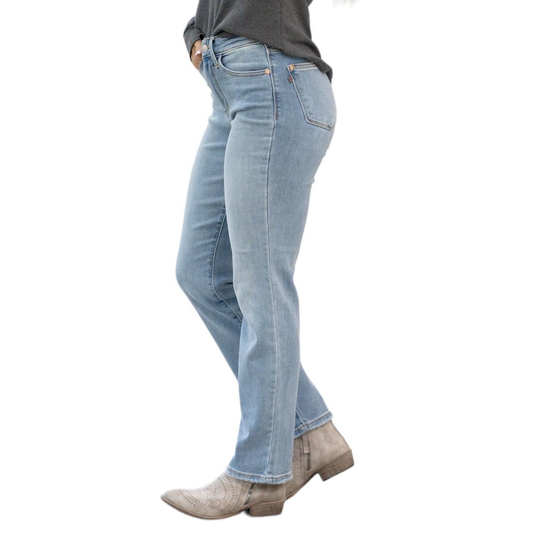Side view of Judy Blue Raleigh Thermal Jeans, featuring a high-rise fit and straight leg design in light blue denim.
