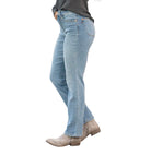 Side view of Judy Blue Raleigh Thermal Jeans, featuring a high-rise fit and straight leg design in light blue denim.