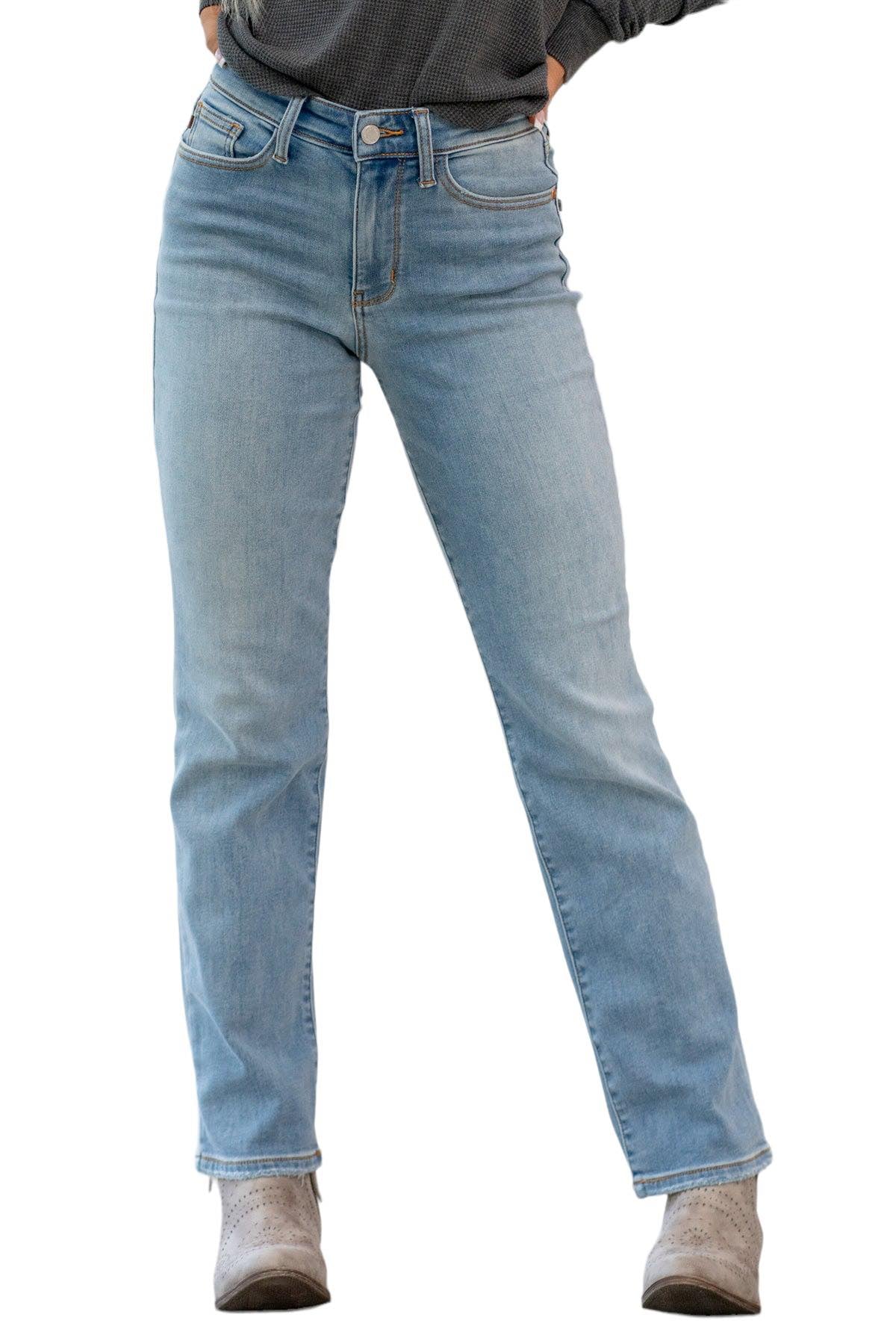 Judy Blue Raleigh Thermal Jeans in faded denim with a chic high-rise fit and straight cut.