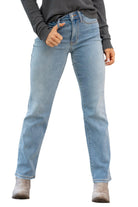 Woman wearing Judy Blue Raleigh Thermal Jeans, high-rise straight fit in faded denim with stylish gray top.